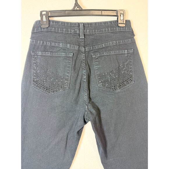 NYDJ Womens Black Straight-Leg Jeans With Rhinestone Back Pockets Size 8 Made In - Picture 6 of 13